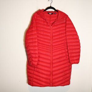 Lands End Womens Down Puffer Coat Large 14 16 Red Long Zip Up Hooded
